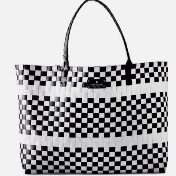 KATE SPADE NEW YORK TOTE purse Handbag Large checkered White Black Braided - Picture 1 of 1